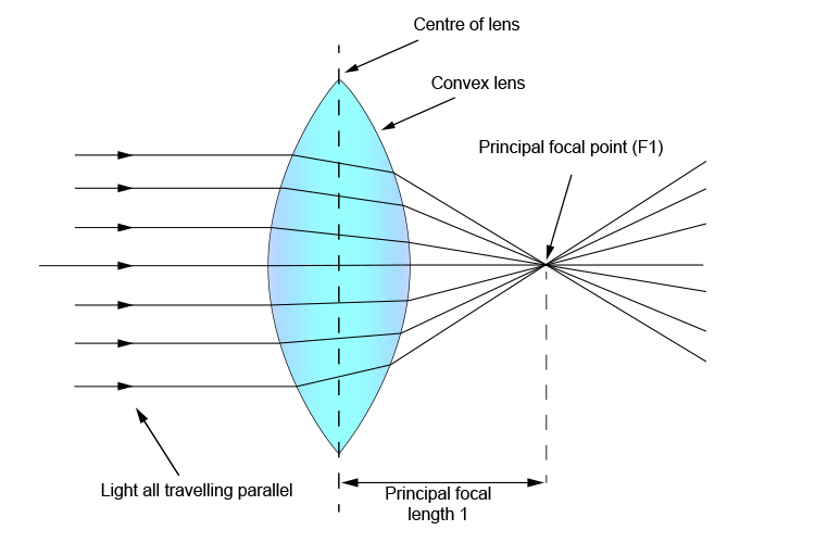 Ray diagram showing principal focal length 1 and principal focus (F1)